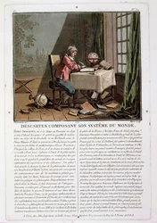 Rene Descartes (1596-1650) schreibt sein Weltsystem, graviert von Jean Baptiste Moret, 1791